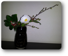 瀬戸の花器に茶花の白椿